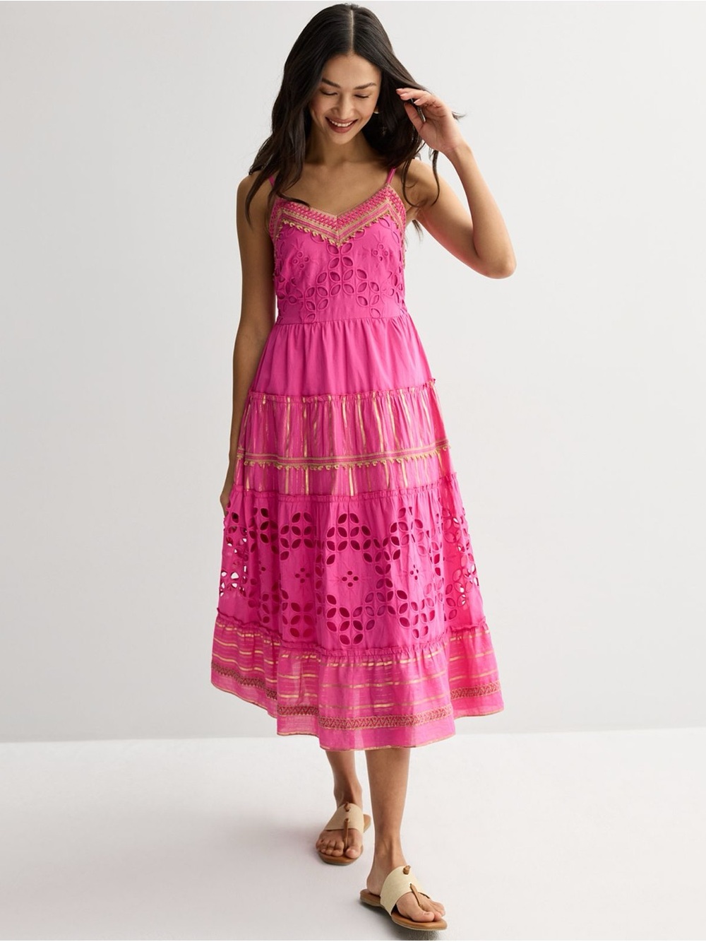 Farmers Market Fuchsia Embroidered Cotton Midi Dress | Size Large